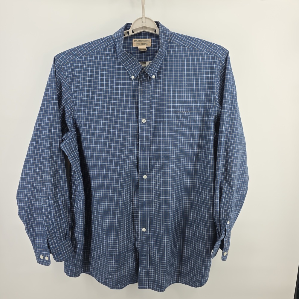 Duluth Trading Co Men's 2XT Blue White Check Long Sleeve Button Down Shirt EUC